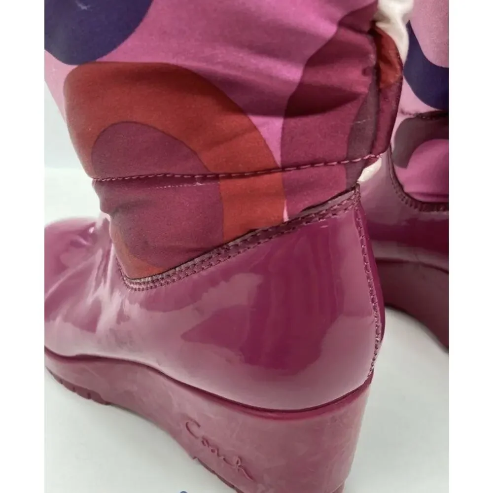 Coach Puffer Platform Boots Sz 5.5 Pink Wedge Art Sateen Logo Winter Rain Y2k - Picture 6 of 10